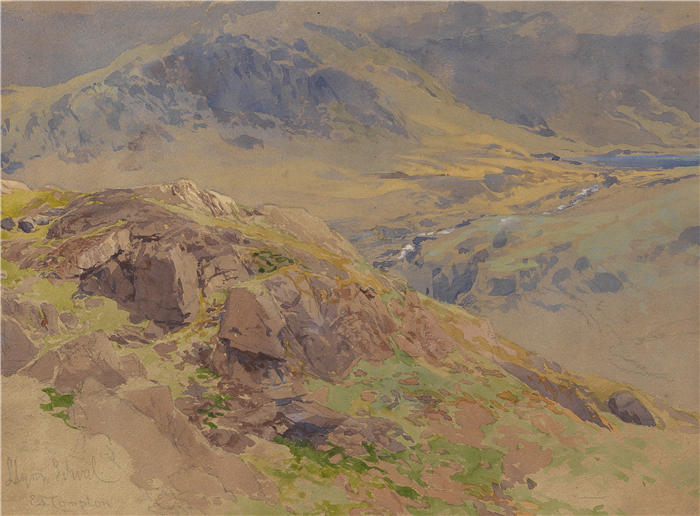 爱德华·西奥多·康普顿(Edward Theodore Compton,德国画家)高清作品-《Llyn Idwal (诺德威尔斯) (1908)》