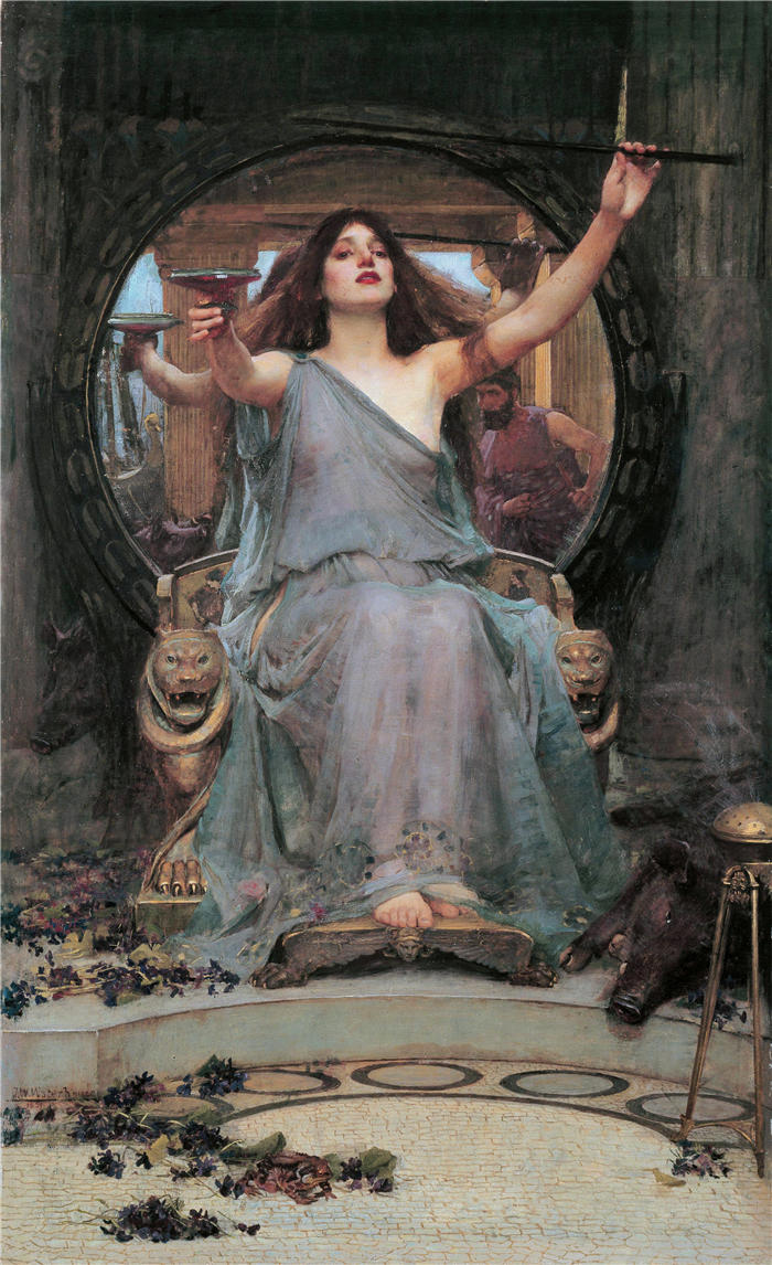 约翰·威廉姆·沃特豪斯(John William Waterhouse，英国画家) 高清作品-《Circe 将杯子献给奥德修斯 (1891)》