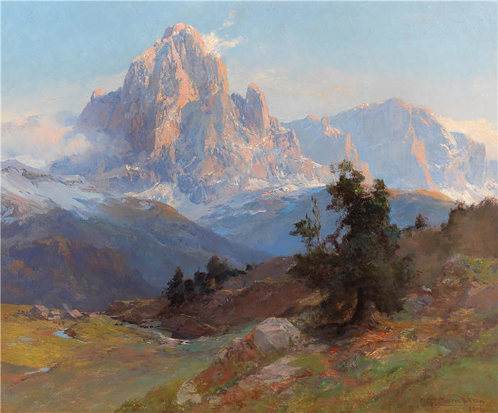 爱德华·西奥多·康普顿（Edward Theodore Compton，德国画家）高清作品-《萨索伦戈山的景色（1914 年）》