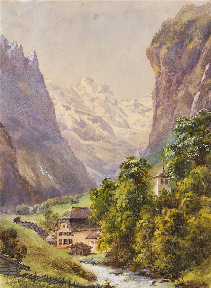 爱德华·西奥多·康普顿（Edward Theodore Compton，德国画家）高清作品-《劳特布龙嫩（瑞士）（约 1880-90 年）》