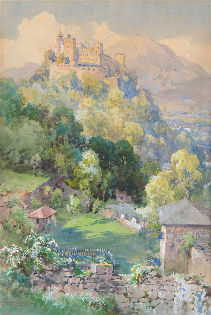 爱德华·西奥多·康普顿（Edward Theodore Compton，德国画家）高清作品-《里希特河畔的霍亨萨尔茨堡城堡》