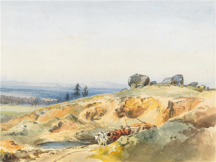 爱德华·西奥多·康普顿（Edward Theodore Compton，德国画家）高清作品-《一条狭窄的小路和一辆牛车的风景》