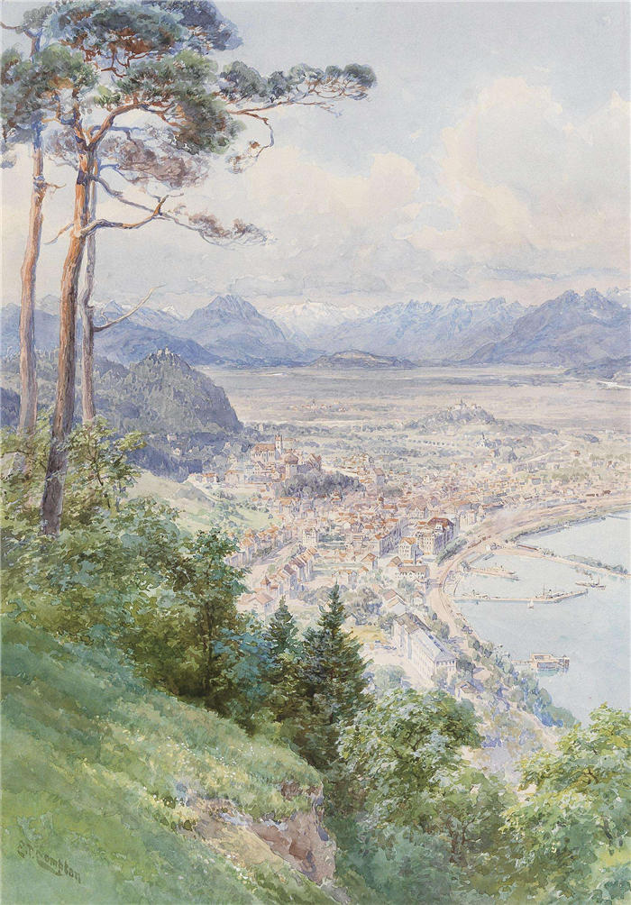 爱德华·西奥多·康普顿(Edward Theodore Compton,德国画家)高清作品-《布雷根茨和博登湖的景色》