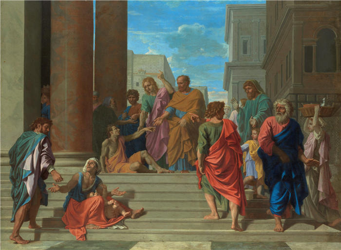 尼古拉斯·普桑（Nicolas Poussin，法国画家）高清作品-《圣彼得和约翰医治瘸腿的人（1655 年）》