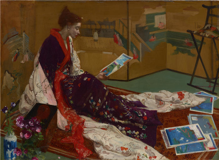 詹姆斯·麦克尼尔·惠斯勒(James McNeill Whistler，美国画家)-《紫色和金色的任性；金屏 (1864)》