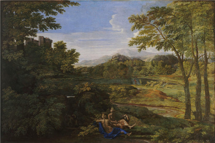 尼古拉斯·普桑（Nicolas Poussin，法国画家）高清作品-《有两个仙女和一条蛇的风景（约1659年）》