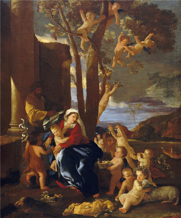 尼古拉斯·普桑（Nicolas Poussin，法国画家）高清作品-《圣家族与施洗者圣约翰（约 1627 年）》