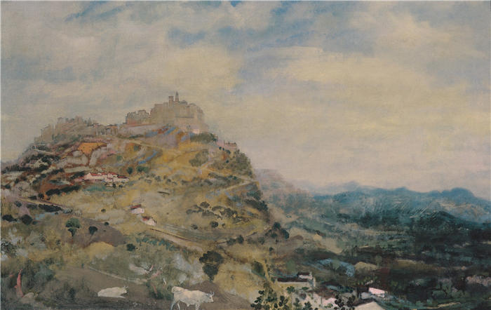 亚瑟·鲍文·戴维斯（Arthur Bowen Davies ，美国画家）高清作品-《意大利山镇（约 1925 年）》