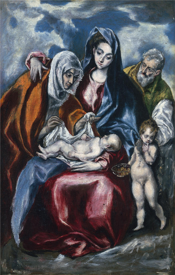 艾尔·葛雷柯（El Greco，希腊、西班牙画家  ）高清作品-《圣家与圣安妮和婴儿施洗约翰（约 1595-1600 年）》