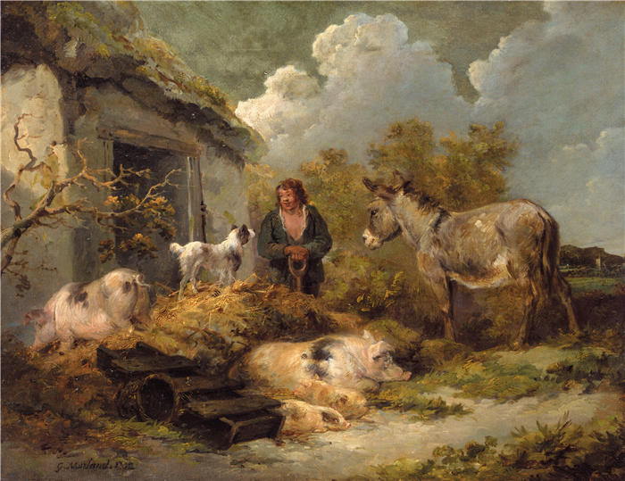 乔治·莫兰（George Morland，英国画家）高清作品-《带着驴、猪和牧羊犬的农场男孩（1792 年）》