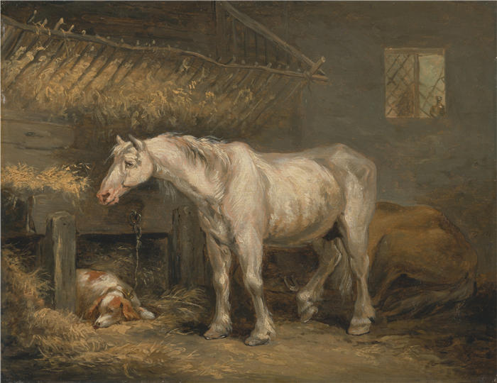 乔治·莫兰（George Morland，英国画家）高清作品-《老马和狗在马厩里（约 1791 年）》