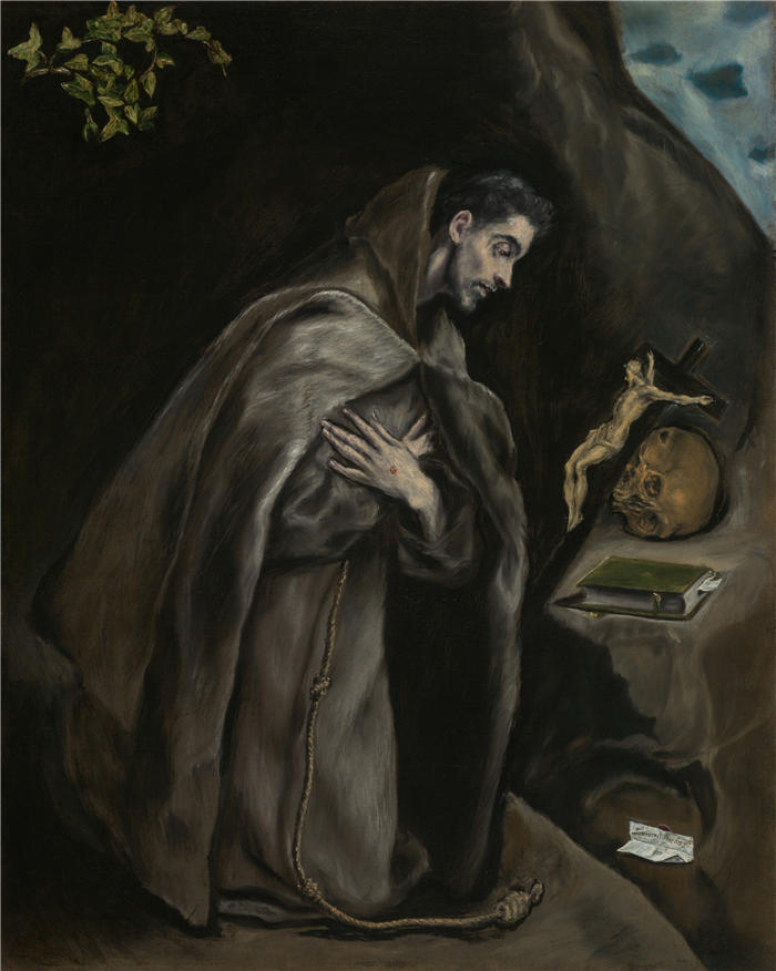 艾尔·葛雷柯（El Greco，希腊、西班牙画家  ）高清作品-《圣弗朗西斯跪在冥想中（1​​595-1600）》