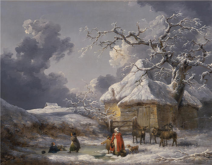 乔治·莫兰（George Morland，英国画家）高清作品-《冬季风景与人物（约 1785 年）》