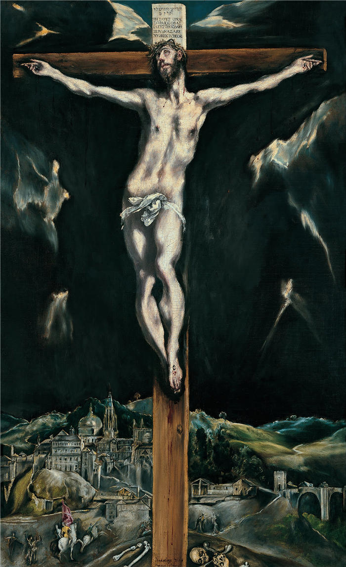 艾尔·葛雷柯（El Greco，希腊、西班牙画家  ）高清作品-《基督被钉在十字架上，背景是托莱多》