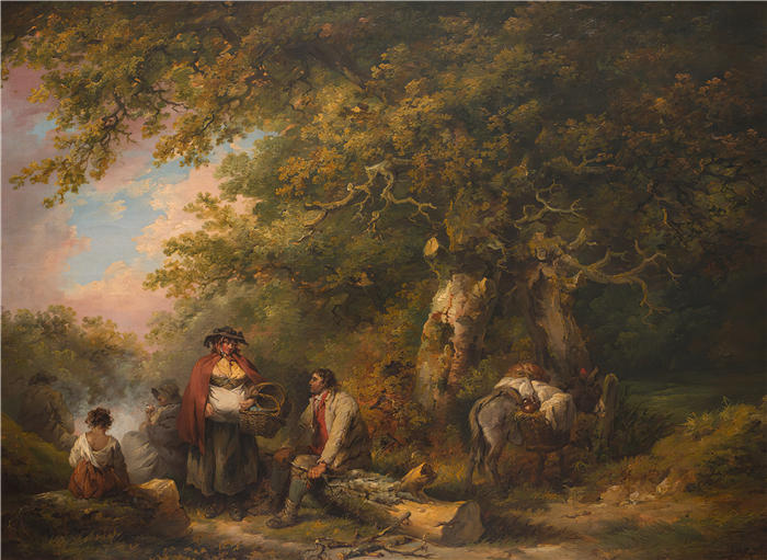 乔治·莫兰（George Morland，英国画家）高清作品-《吉普赛人营地与坐着的人打柴（1790 年）》