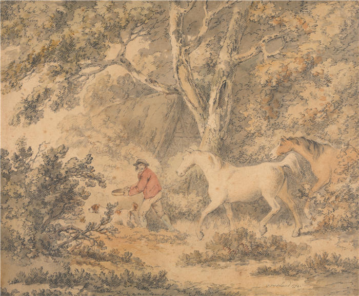 乔治·莫兰（George Morland，英国画家）高清作品-《风景与马、农夫和狗（1794 年）》