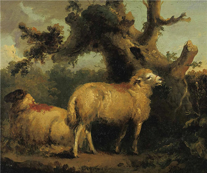 乔治·莫兰（George Morland，英国画家）高清作品-《风景中的两只羊 (1796)》
