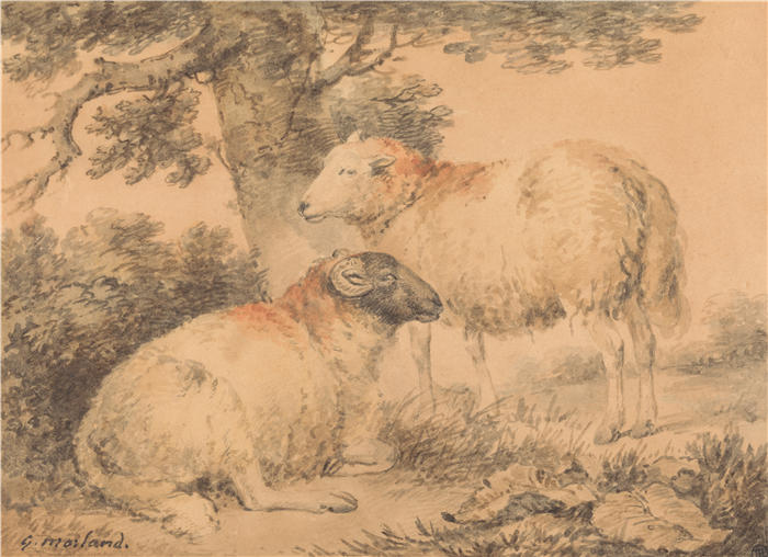 乔治·莫兰（George Morland，英国画家）高清作品-《风景中的公羊和母羊》