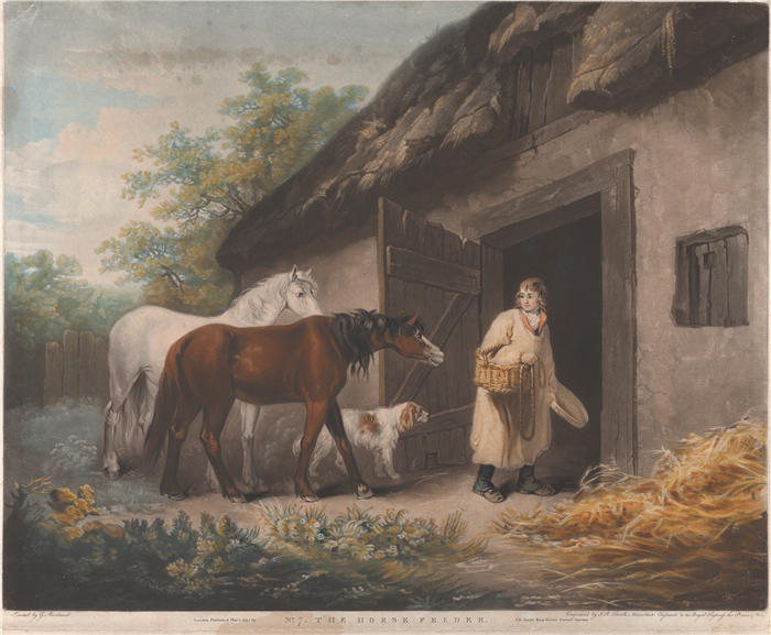 乔治·莫兰（George Morland，英国画家）高清作品-《喂马 (1797)》