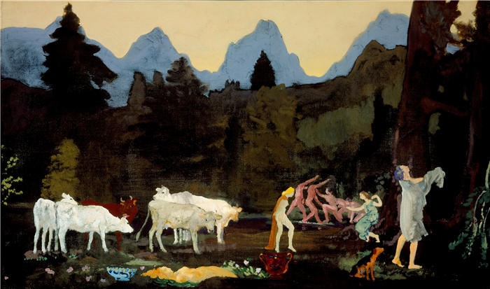 亚瑟·鲍文·戴维斯(Arthur Bowen Davies ,美国画家)高清作品-《田园山谷和山峰(约 1908-1911 年)》