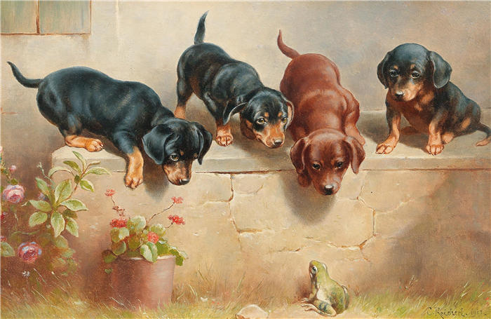 卡尔·赖克特（Carl Reichert，奥地利画家）动物高清作品-《好奇的腊肠小狗和一只青蛙》