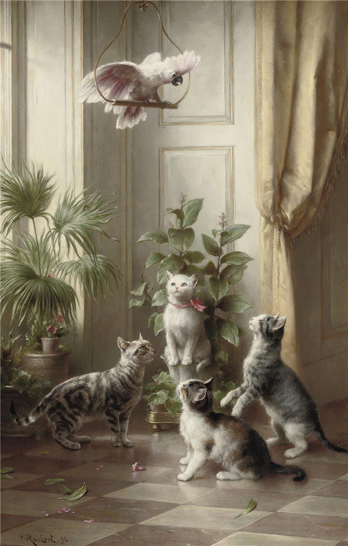 卡尔·赖克特（Carl Reichert，奥地利画家）动物高清作品-《猫和凤头鹦鹉 (1898)》