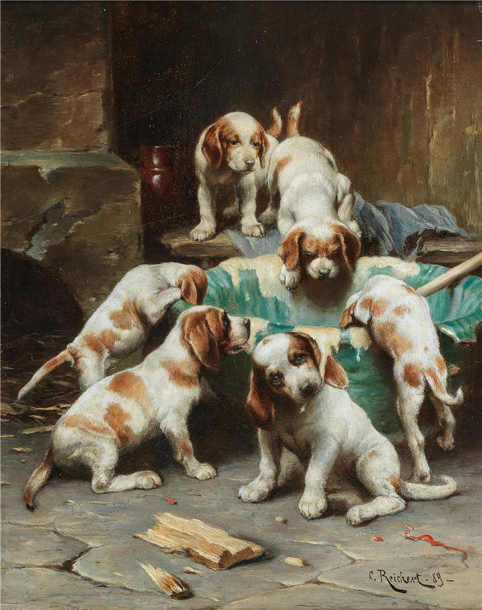 卡尔·赖克特（Carl Reichert，奥地利画家）动物高清作品-《比格犬大餐 (1889)》