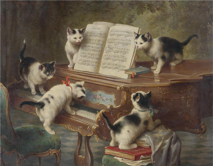 卡尔·赖克特（Carl Reichert，奥地利画家）动物高清作品-《小猫的独奏会（1908）》