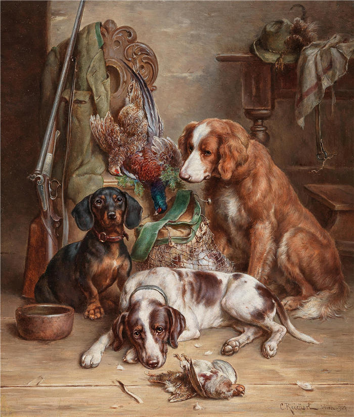 卡尔·赖克特（Carl Reichert，奥地利画家）动物高清作品-《狩猎之后 (1907)》