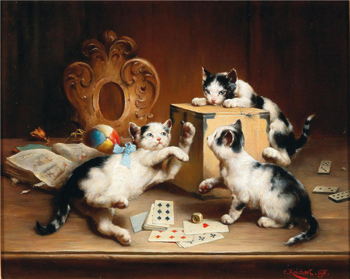 卡尔·赖克特（Carl Reichert，奥地利画家）动物高清作品-《顽皮的小猫》
