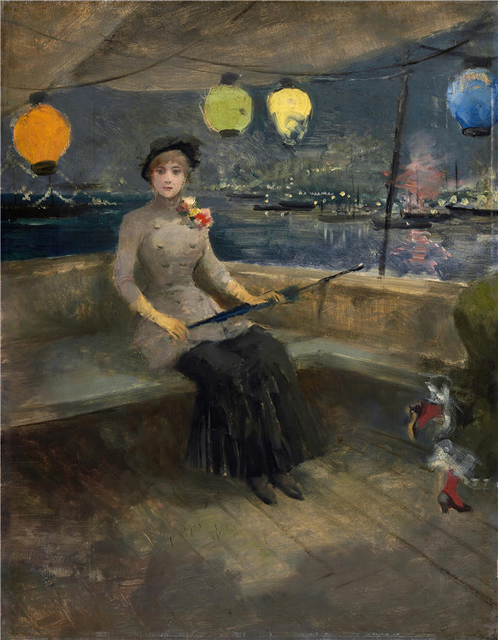 让·路易·福兰（Jean-Louis Forain，法国画家）高清作品-《游艇上的女人（约 1883 年）》