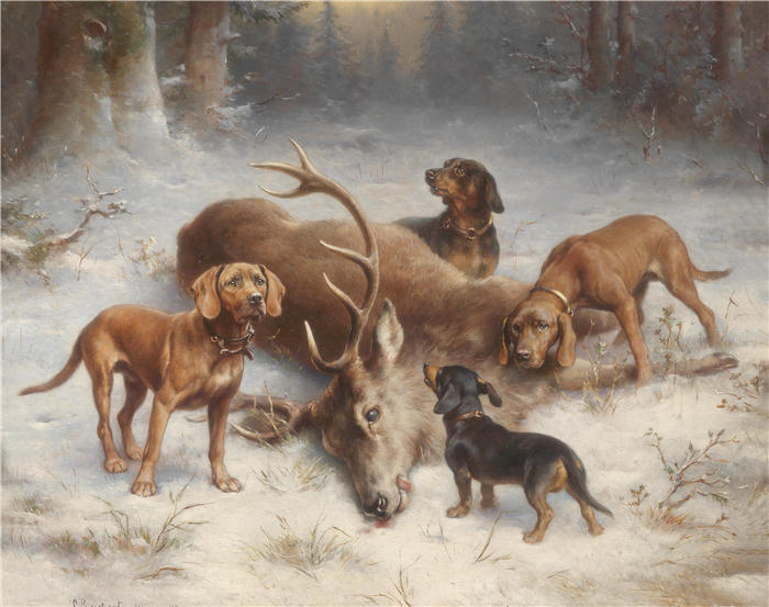 卡尔·赖克特（Carl Reichert，奥地利画家）动物高清作品-《带死鹿的运动狗（1902年）》