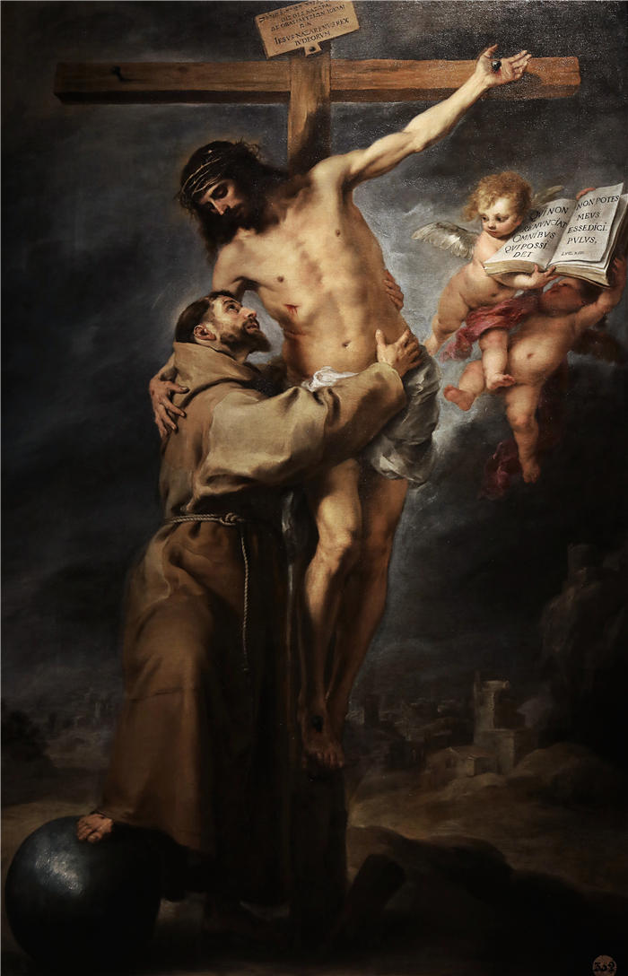 巴托洛梅·埃斯特班·穆里略(Bartolomé Esteban Murillo,西班牙画家)高清作品-《阿西西的圣方济各拥抱被钉十字架的基督》