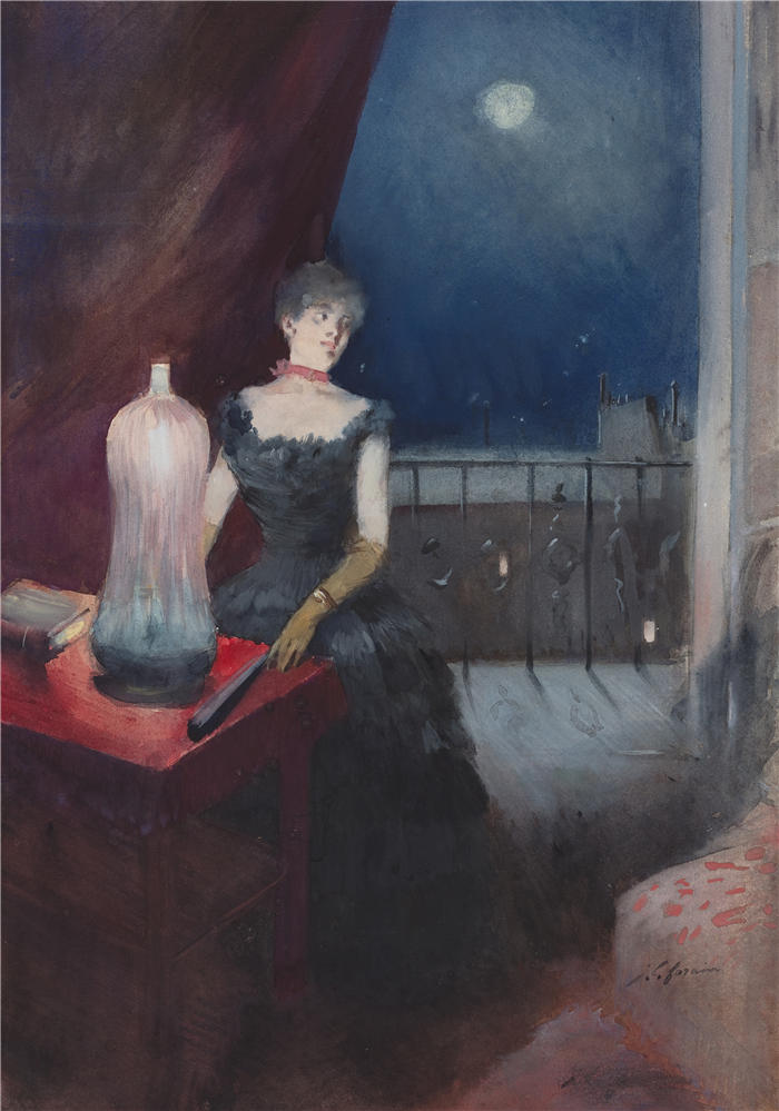 让·路易·福兰（Jean-Louis Forain，法国画家）高清作品-《站着拿着扇子的女人（ 1880-1890 年）》