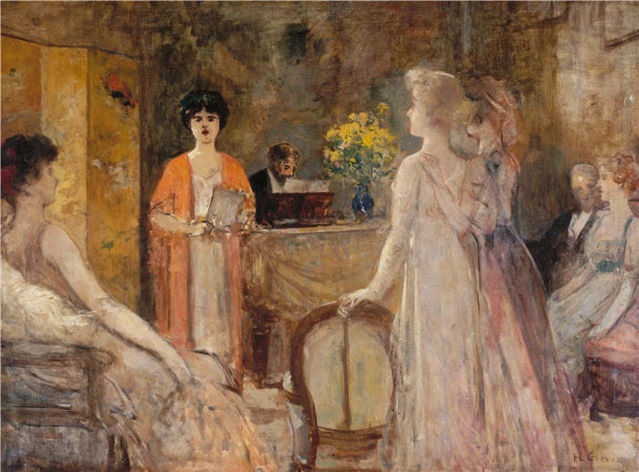 亨利·格韦克斯（Henri Gervex，法国画家）高清作品-《星期二晚上在玛德琳·莱梅尔家（1910年）》