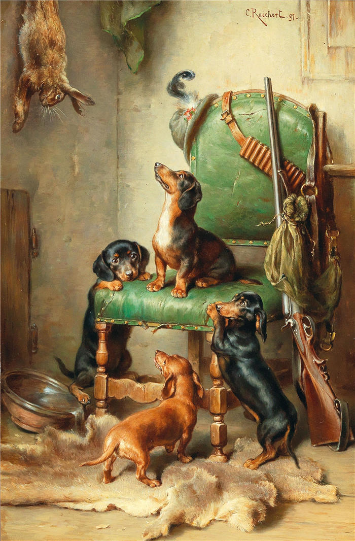 卡尔·赖克特（Carl Reichert，奥地利画家）动物高清作品-《还没洗干净》