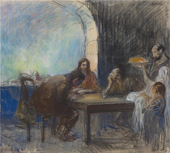 让·路易·福兰（Jean-Louis Forain，法国画家）高清作品-《以马忤斯的晚餐（c. 1912-1913）》