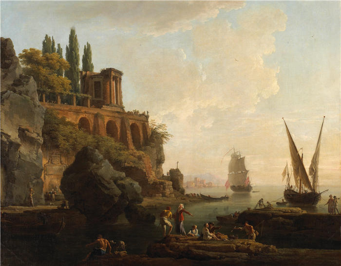 克劳德·约瑟夫·韦内特（ Claude-Joseph Vernet，法国画家）高清作品-《想象中的风景，意大利港口场景（1746 年）》