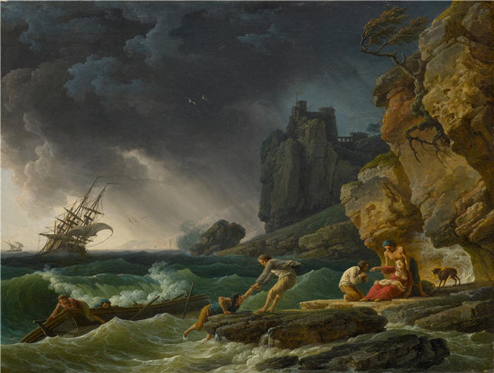 克劳德·约瑟夫·韦内特（ Claude-Joseph Vernet，法国画家）高清作品-《风雨如磐的大海与漂流者（1780）》