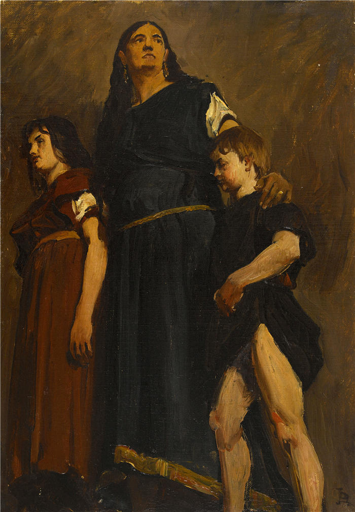 让·保罗·劳伦斯(Jean-Paul Laurens,法国画家)高清作品-《梅洛文加妇女和两个孩子(1874-1885)》