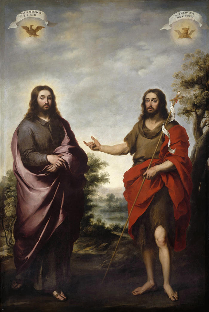巴托洛梅·埃斯特班·穆里略（Bartolomé Esteban Murillo，西班牙画家）高清作品-《施洗者圣约翰指向基督（约 1655 年）》