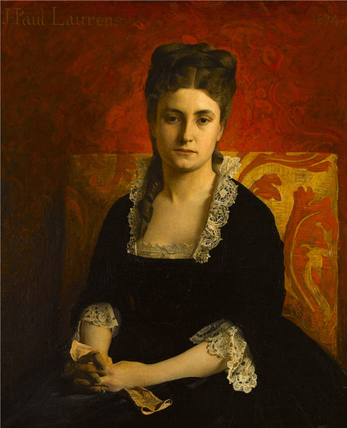 让·保罗·劳伦斯(Jean-Paul Laurens,法国画家)高清作品-《一个穿着黑色连衣裙的女人拿着手套的肖像(1874 年)》