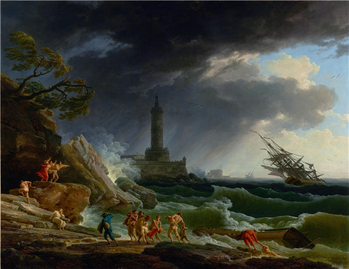 克劳德·约瑟夫·韦内特（ Claude-Joseph Vernet，法国画家）高清作品-《地中海沿岸的风暴（1767 年）》