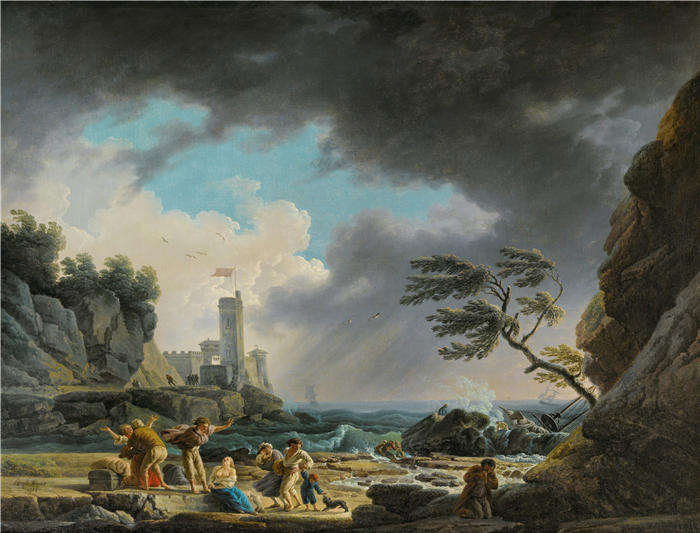 克劳德·约瑟夫·韦内特（ Claude-Joseph Vernet，法国画家）高清作品-《岩石海岸附近的风暴（1784 年）》