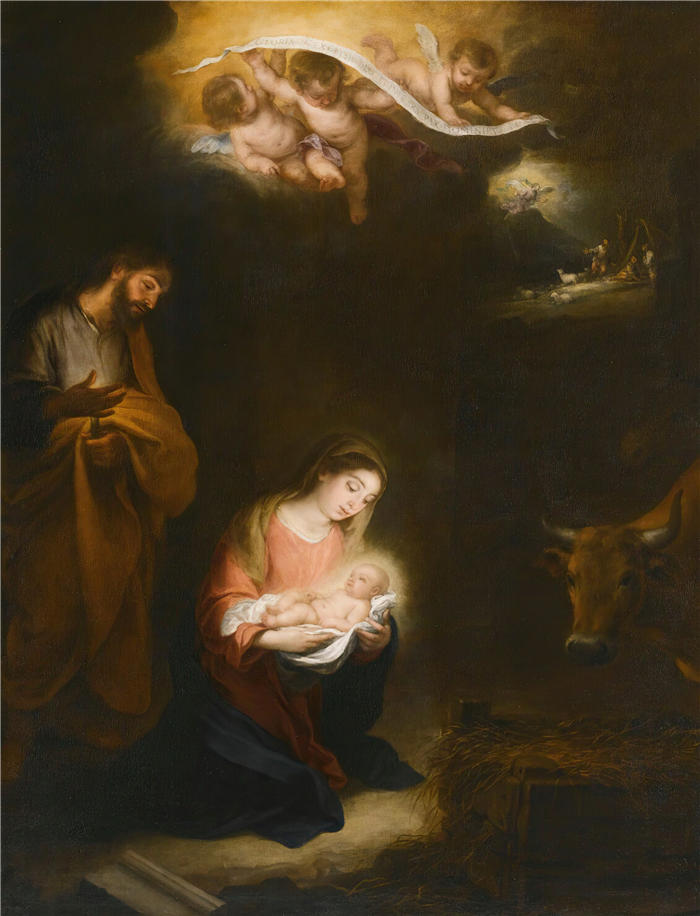 巴托洛梅·埃斯特班·穆里略（Bartolomé Esteban Murillo，西班牙画家）高清作品-《一个带有耶稣降生和向远方的牧羊人报喜的夜景》