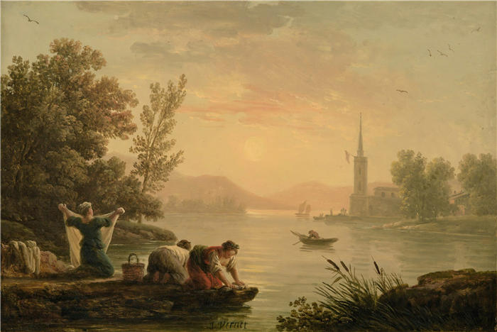克劳德·约瑟夫·韦内特（ Claude-Joseph Vernet，法国画家）高清作品-《湖边的洗衣妇》