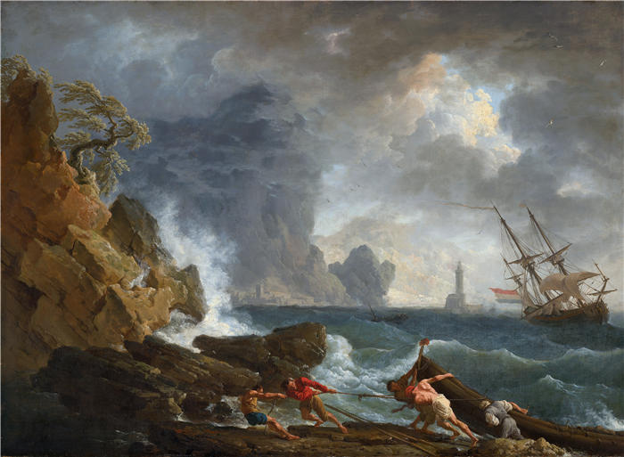 克劳德·约瑟夫·韦内特（ Claude-Joseph Vernet，法国画家）高清作品-《暴风雨天气中的意大利港口（c. 1740 - 1750）》