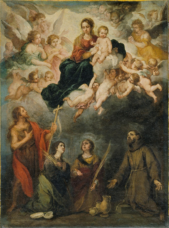 巴托洛梅·埃斯特班·穆里略（Bartolomé Esteban Murillo，西班牙画家）高清作品-《圣母子与圣徒（约 1665-1670 年）》
