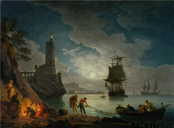 克劳德·约瑟夫·韦内特（ Claude-Joseph Vernet，法国画家）高清作品-《月光下的港湾 (1714–1789)》