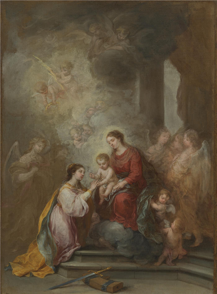 巴托洛梅·埃斯特班·穆里略（Bartolomé Esteban Murillo，西班牙画家）高清作品-《圣凯瑟琳的神秘婚姻（1680-1682）》